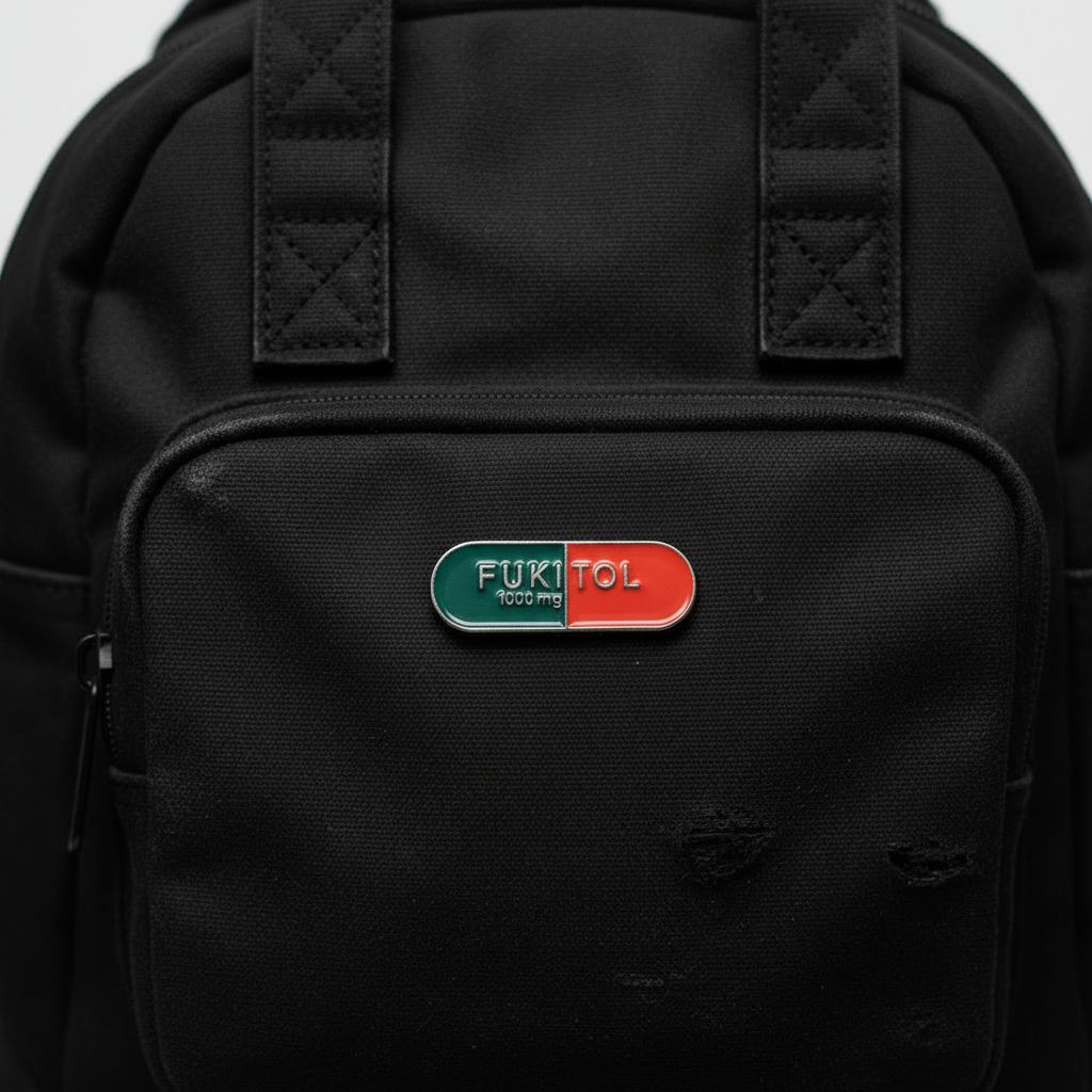 Fukitol enamel pin on backpack funny accessory for customizing bags and school gear