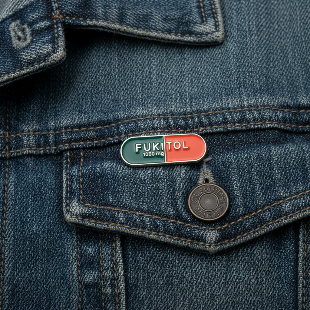 Fukitol Enamel pin worn on jacket lapel, mental health pin style for everyday wear