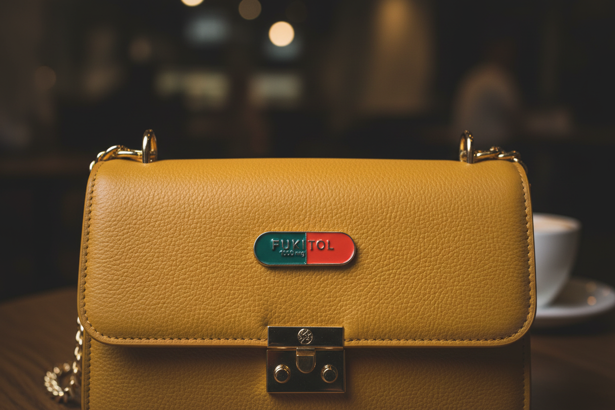 Pill-shaped object with red top and green bottom on a yellow purse background