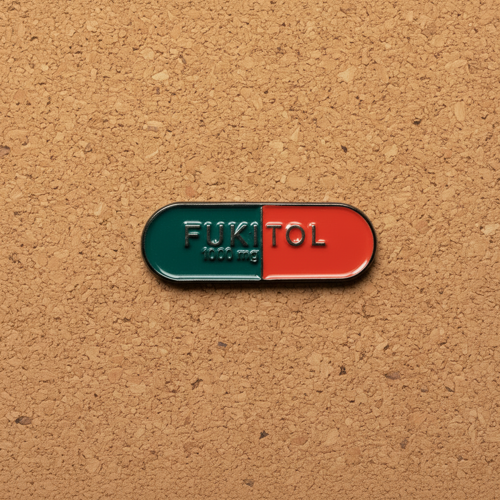 Fukitol enamel pin displayed on cork board mental health enamel pin for collectors and display