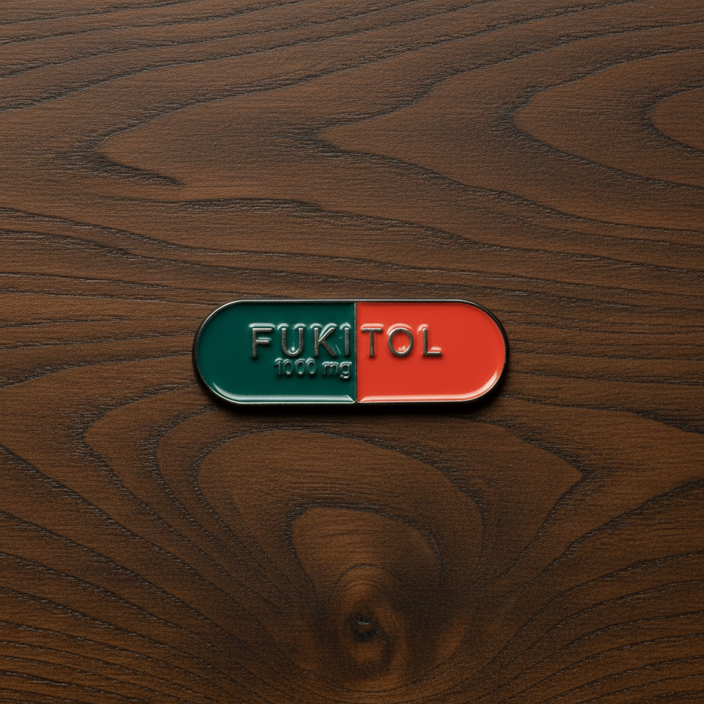 Fukitol enamel pin on wood background Funny enamel pin with pill detail