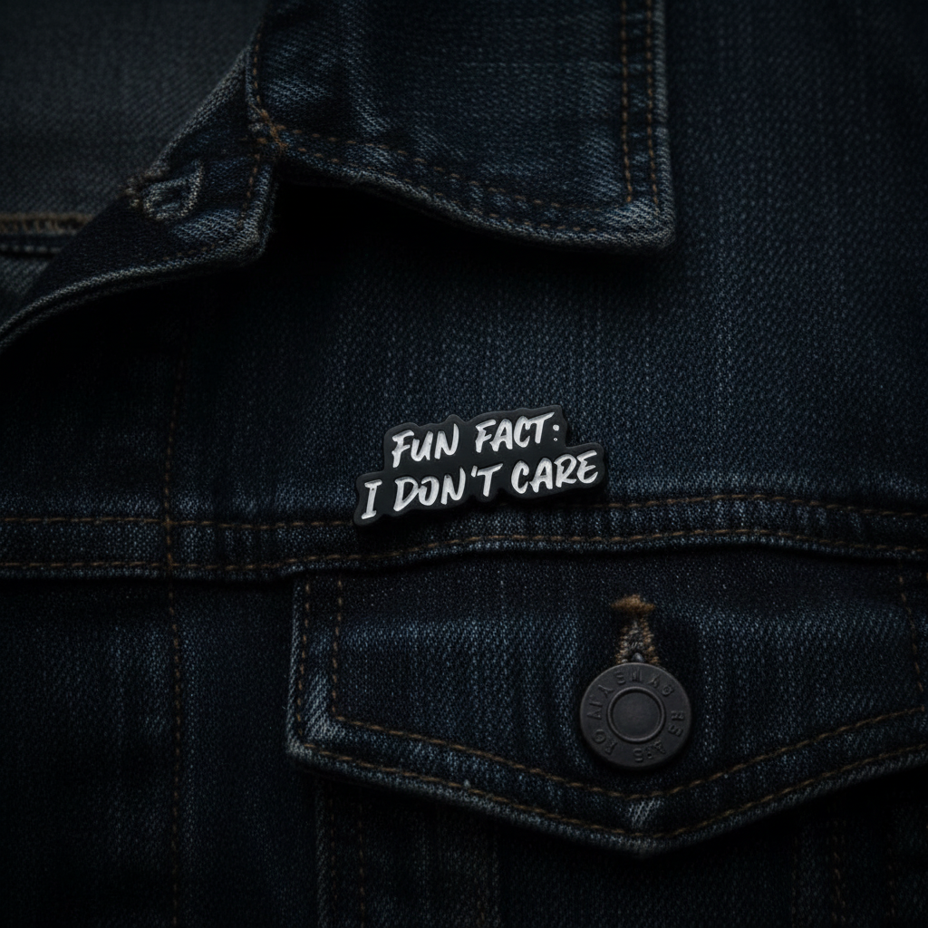 fun fact enamel pin worn on jacket lapel, sarcastic pin style for everyday wear