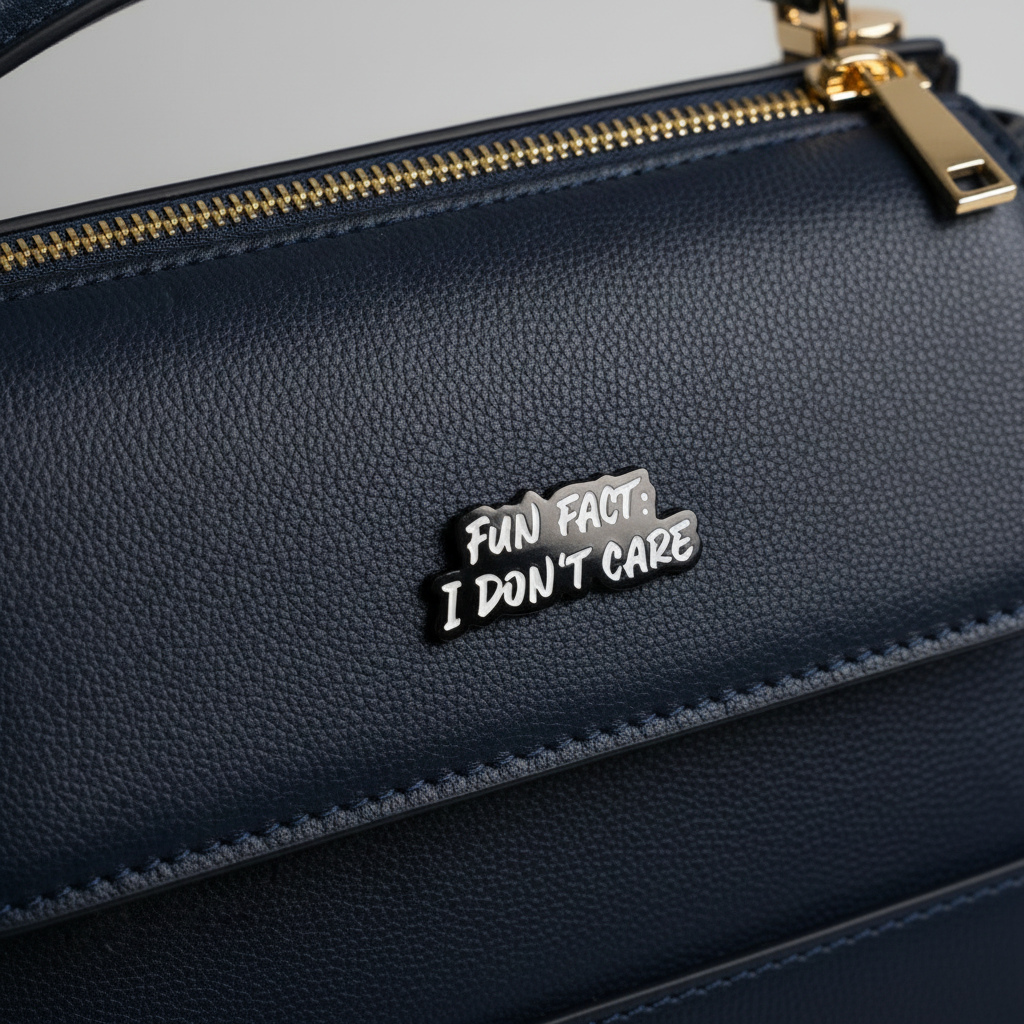 Fun Fact enamel pin attached to purse funny brooch accessory for bags and personal style