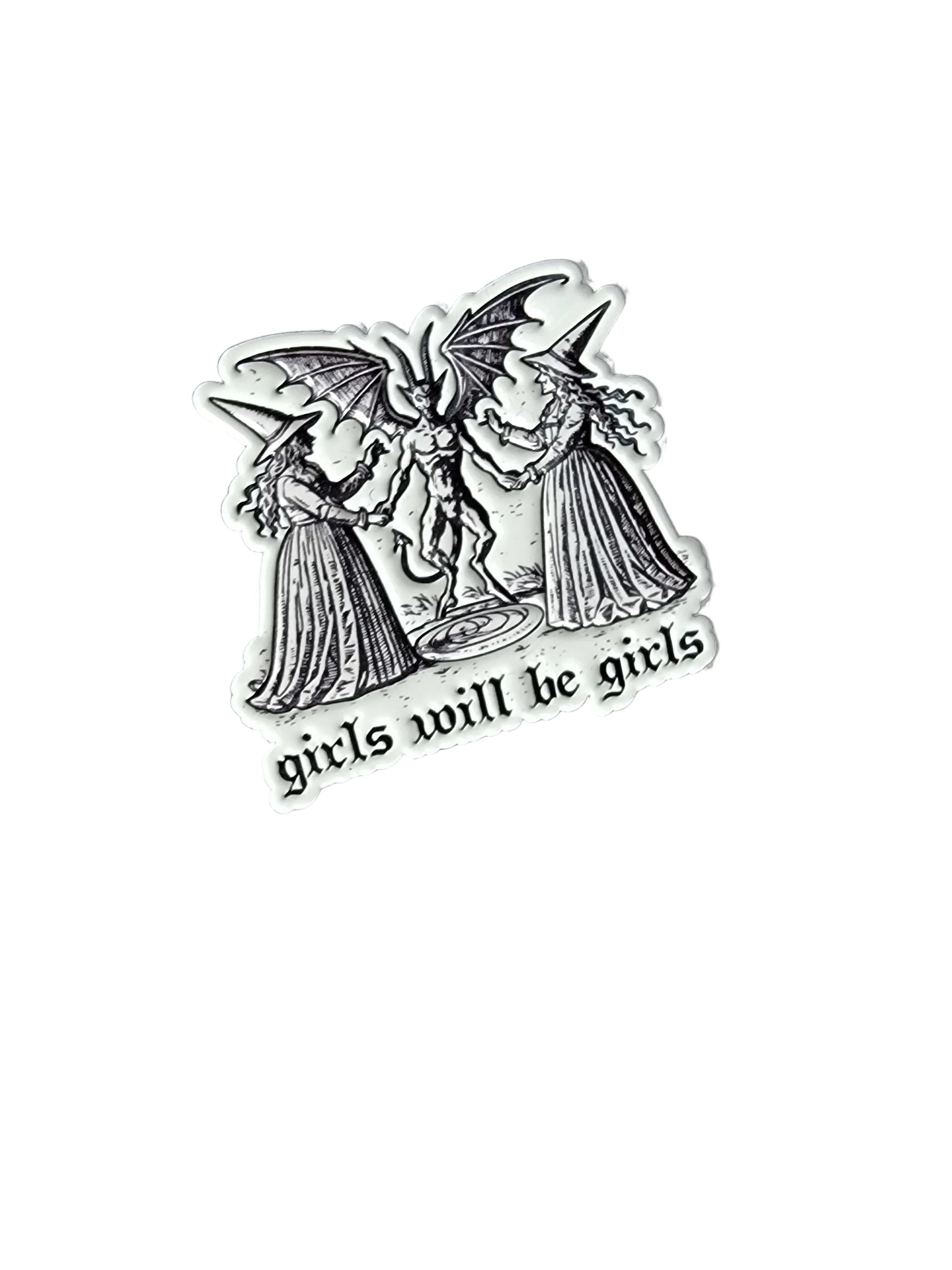 Girls will be girls enamel pin , featuring witches and demon design, goth gift for occult and witch fans