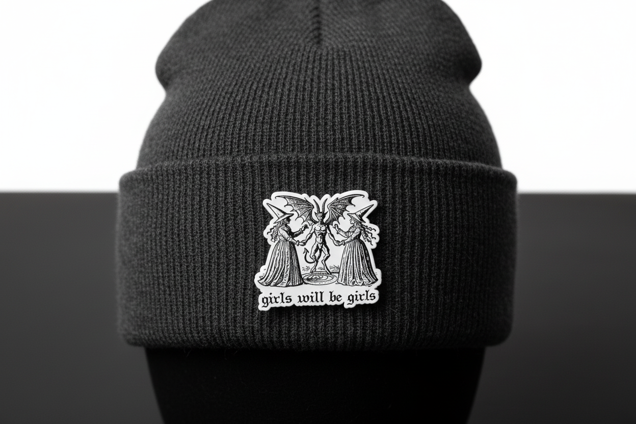 Girls will be girls enamel pin worn on beanie hat alternative enamel pin for casual outfits and street wear