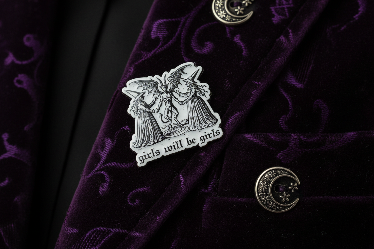 Girls will be girls enamel pin worn on jacket lapel, spooky pin styles for everyday wear