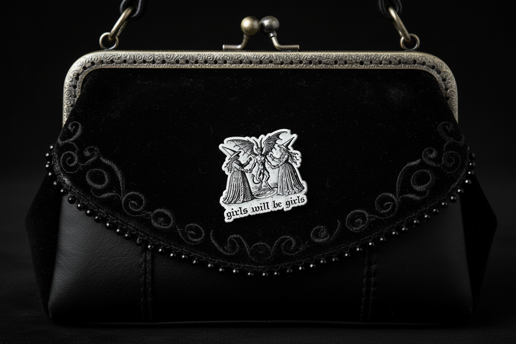 Girls will be girls enamel pin attached to purse witchy brooch accessory for bags and personal style