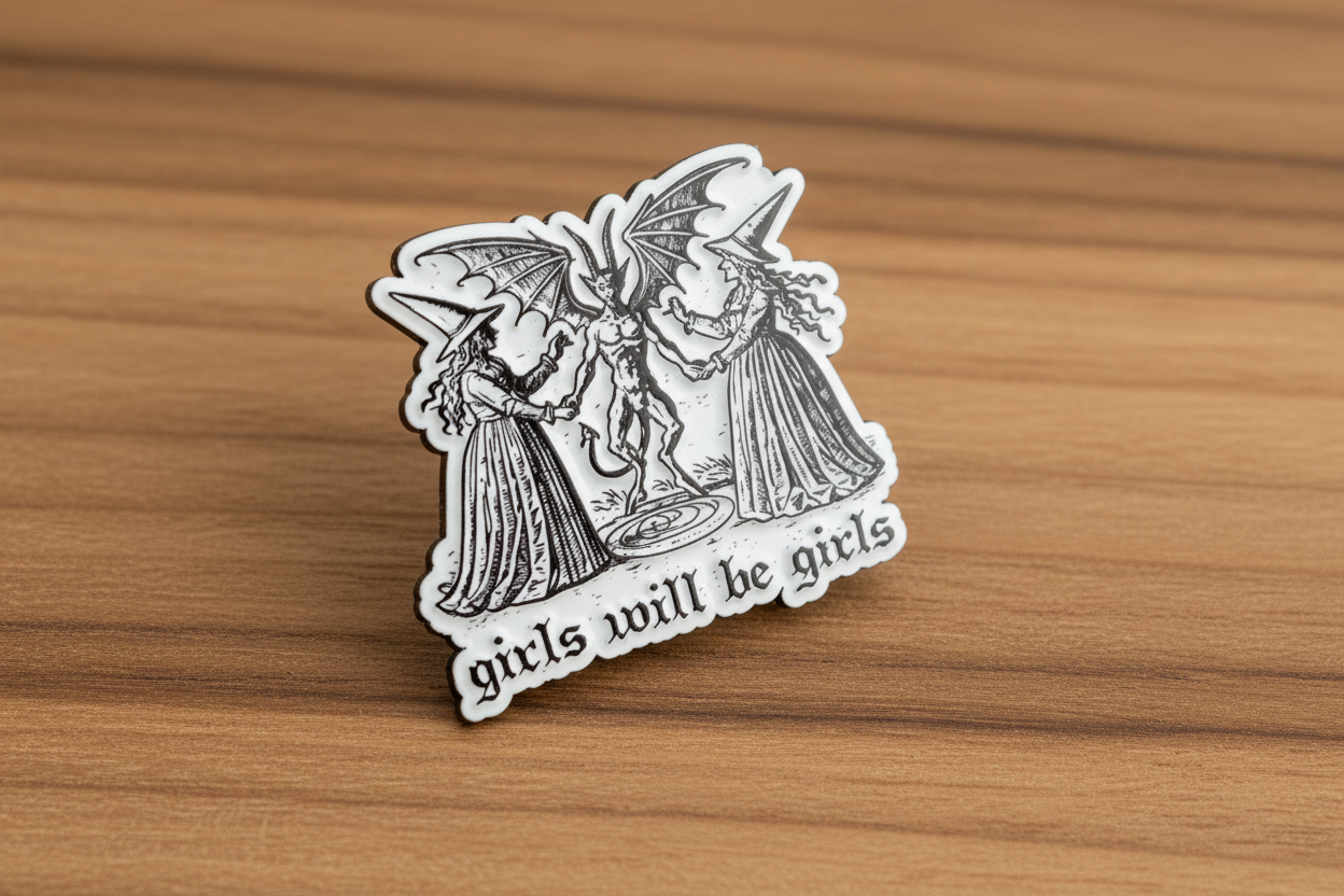 Girls will be girls enamel pin on wood background sarcastic witchy enamel pin with demon and witch detail