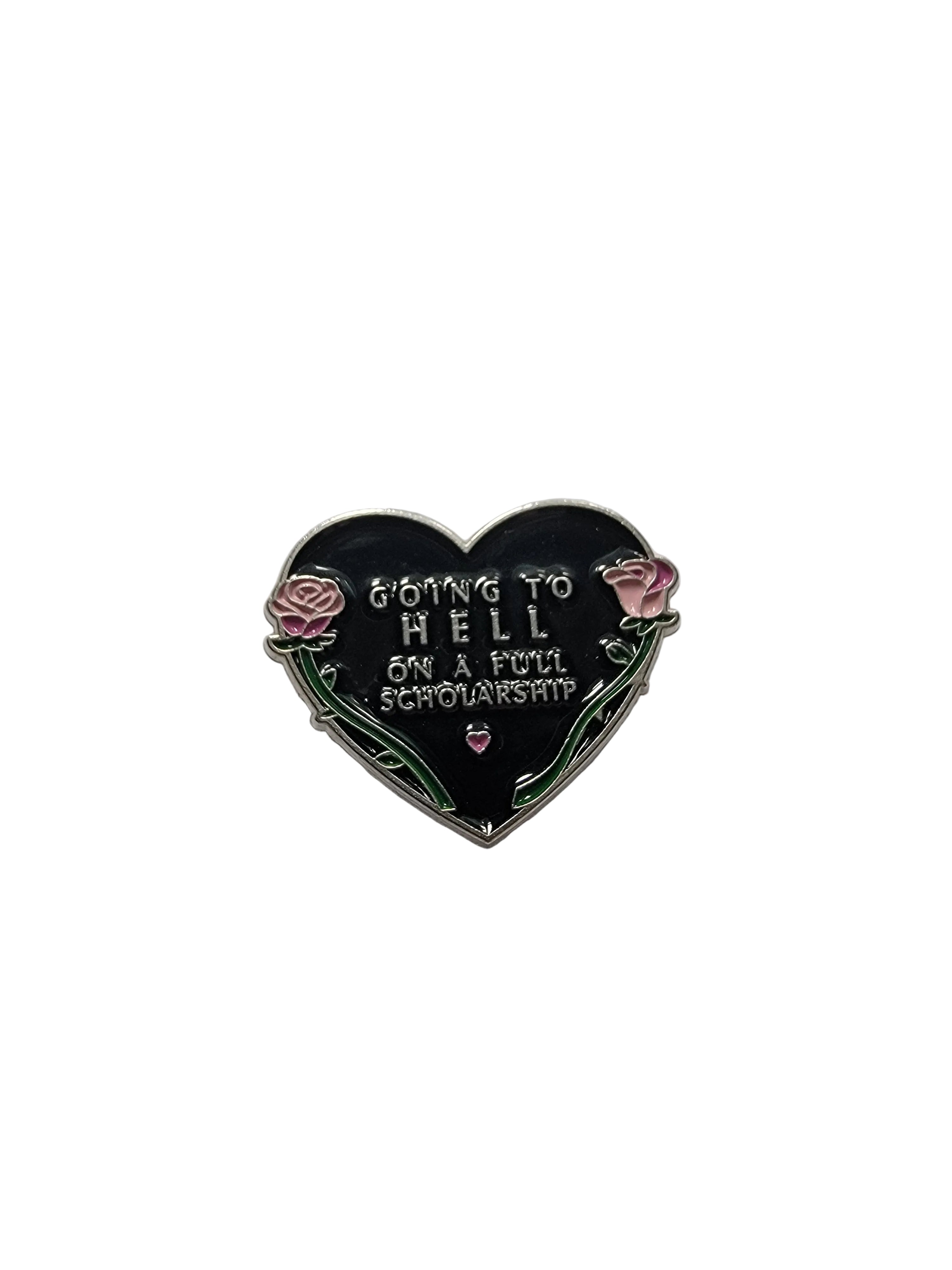 Going to Hell Enamel Pin featuring Heart and rose design, goth gift for jackets and bags 