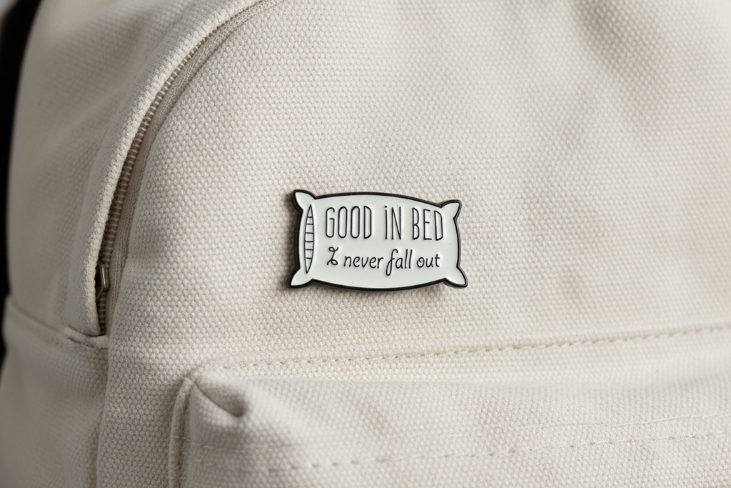 Good In Bed I never Fall Out Pillow Enamel Pin – Funny Meme Pin Sarcastic Gift, Lapel Backpack Pin