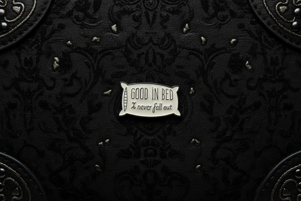 Good In Bed I never Fall Out Pillow Enamel Pin – Funny Meme Pin Sarcastic Gift, Lapel Backpack Pin