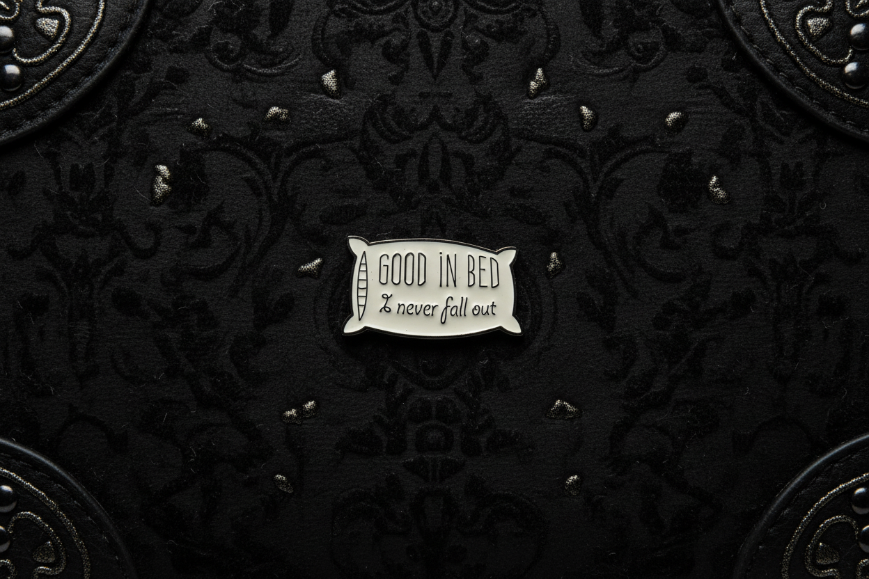 Good In Bed I never Fall Out Pillow Enamel Pin – Funny Meme Pin Sarcastic Gift, Lapel Backpack Pin