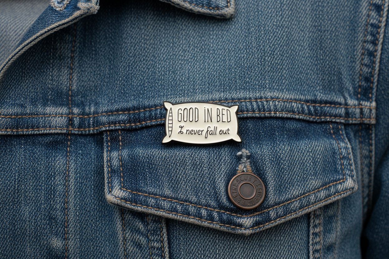 Good In Bed I never Fall Out Pillow Enamel Pin – Funny Meme Pin Sarcastic Gift, Lapel Backpack Pin