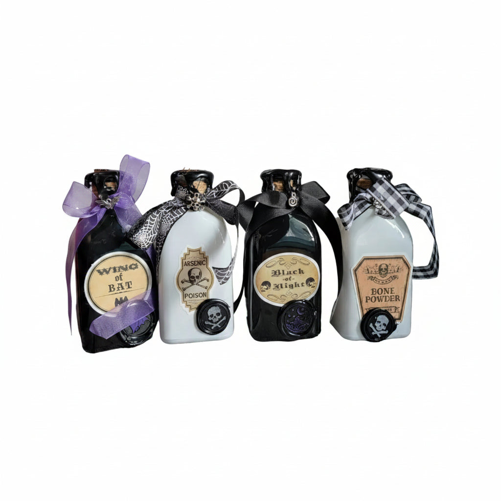 Black and white witchy potion bottles for dark academia aesthetics, gifts and Halloween decor.