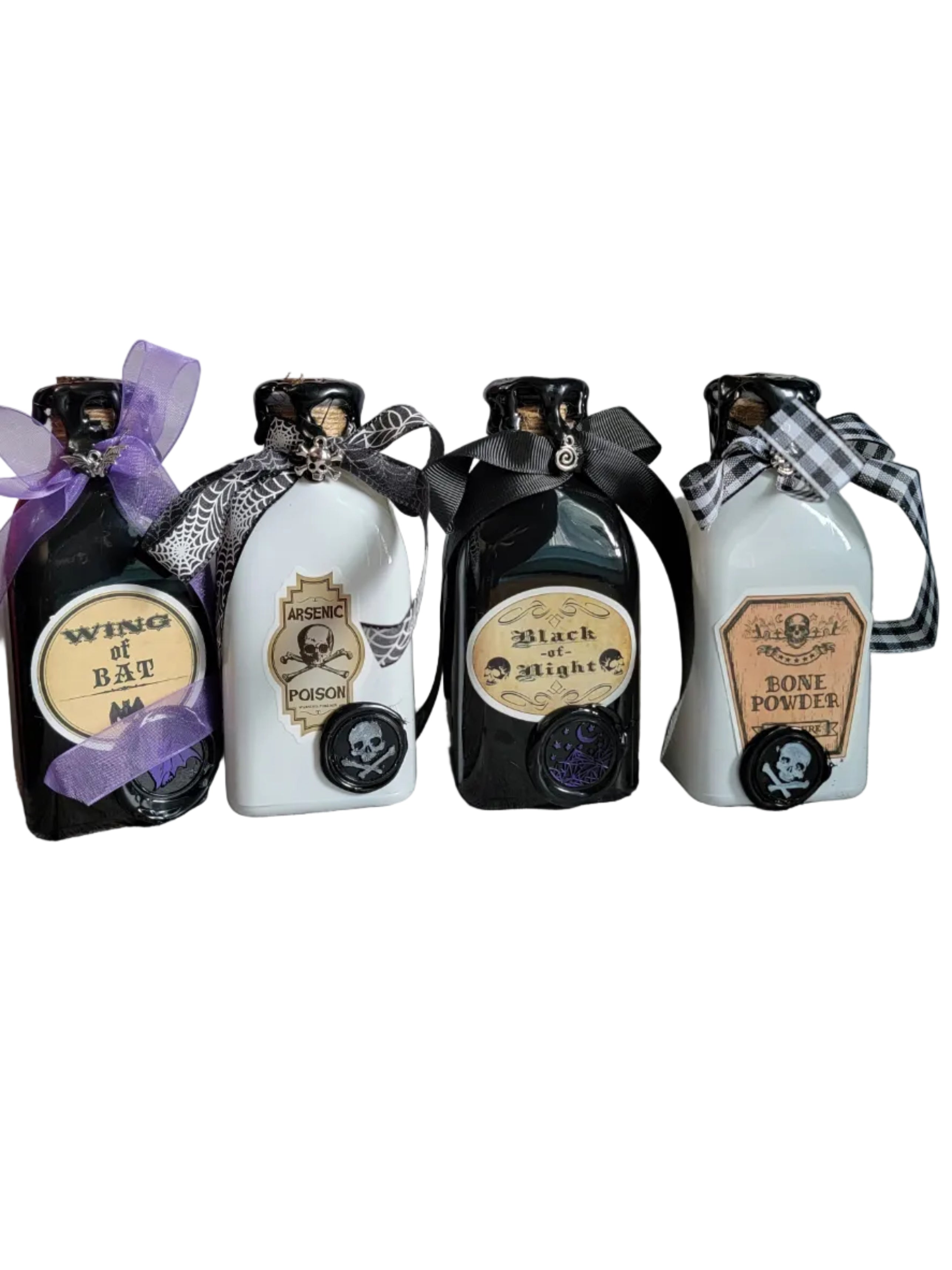 Black and white witchy potion bottles for dark academia aesthetics, gifts and Halloween decor.