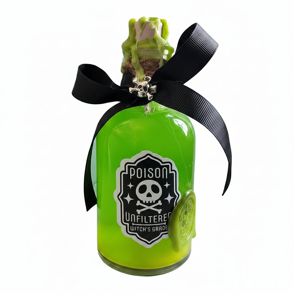 Green bottle with a black ribbon and decorative frog on a gray background