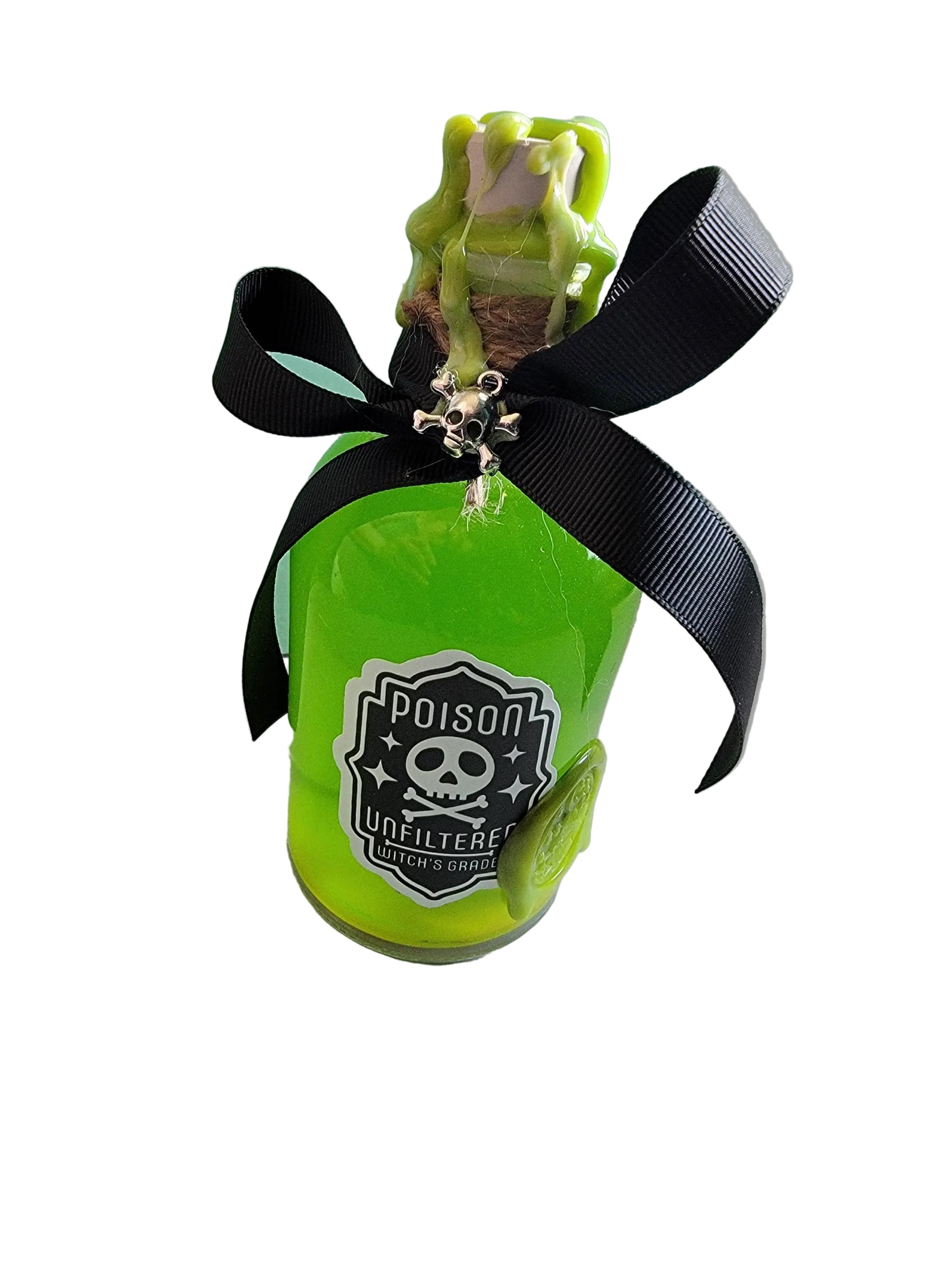Green bottle with a black ribbon and decorative frog on a gray background