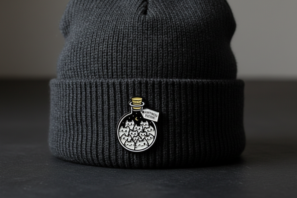 Happiness Potion Enamel Pin worn on beanie hat alternative enamel pin for casual outfits and street wear