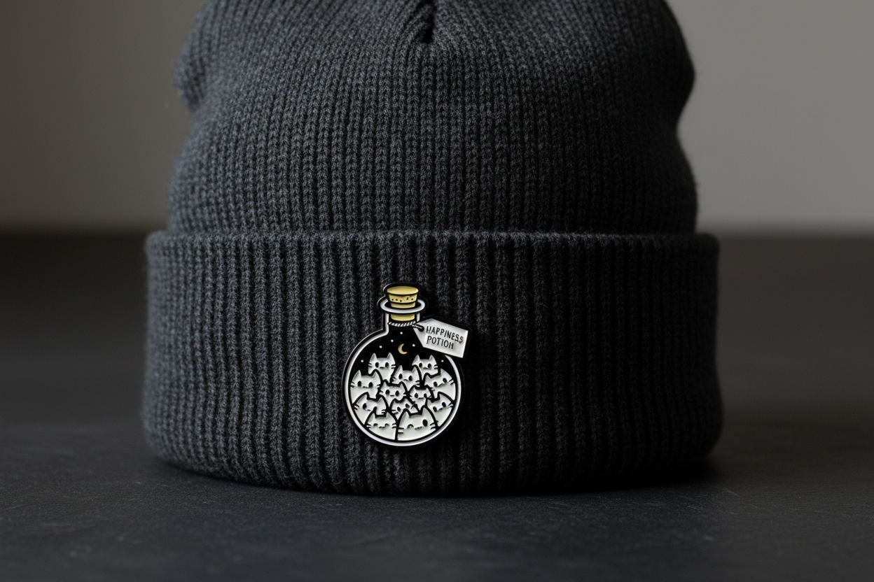 Happiness Potion Enamel Pin worn on beanie hat alternative enamel pin for casual outfits and street wear