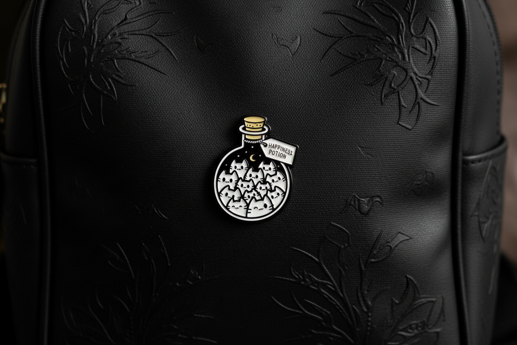 Happiness Potion Enamel Pin on backpack wiccan accessory for customizing bags and school gear