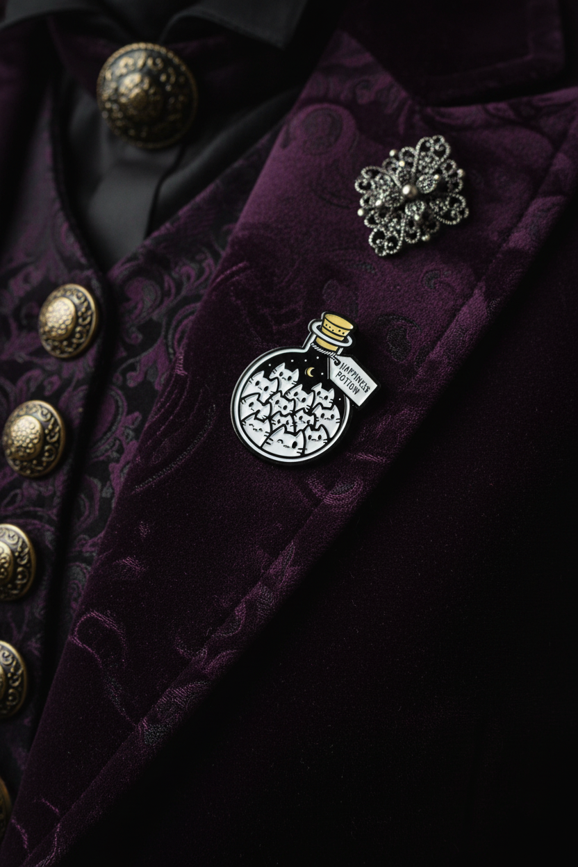 Happiness Potion Enamel Pin worn on jacket lapel, witchy pin style for everyday wear