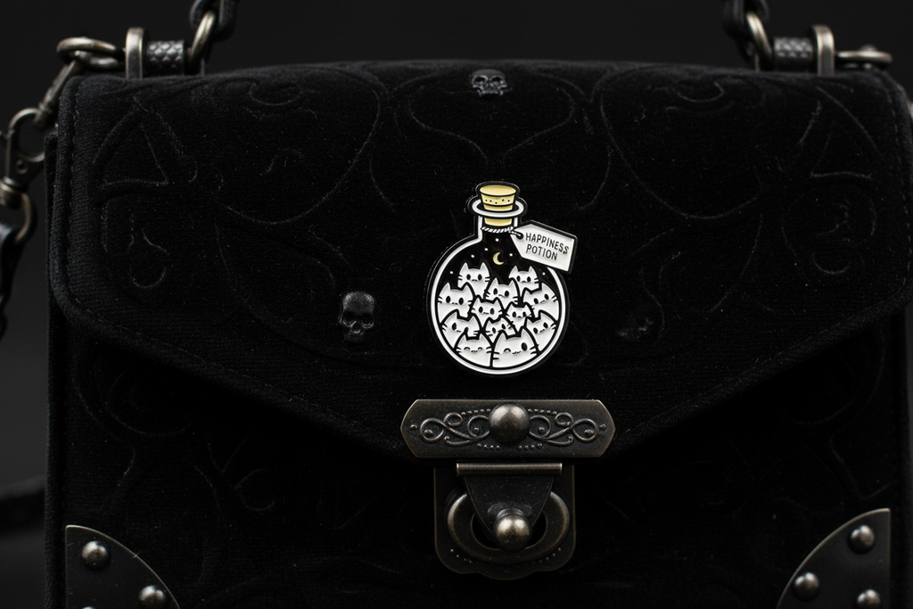 Happiness Potion Enamel Pin attached to purse gothic brooch accessory for bags and personal style