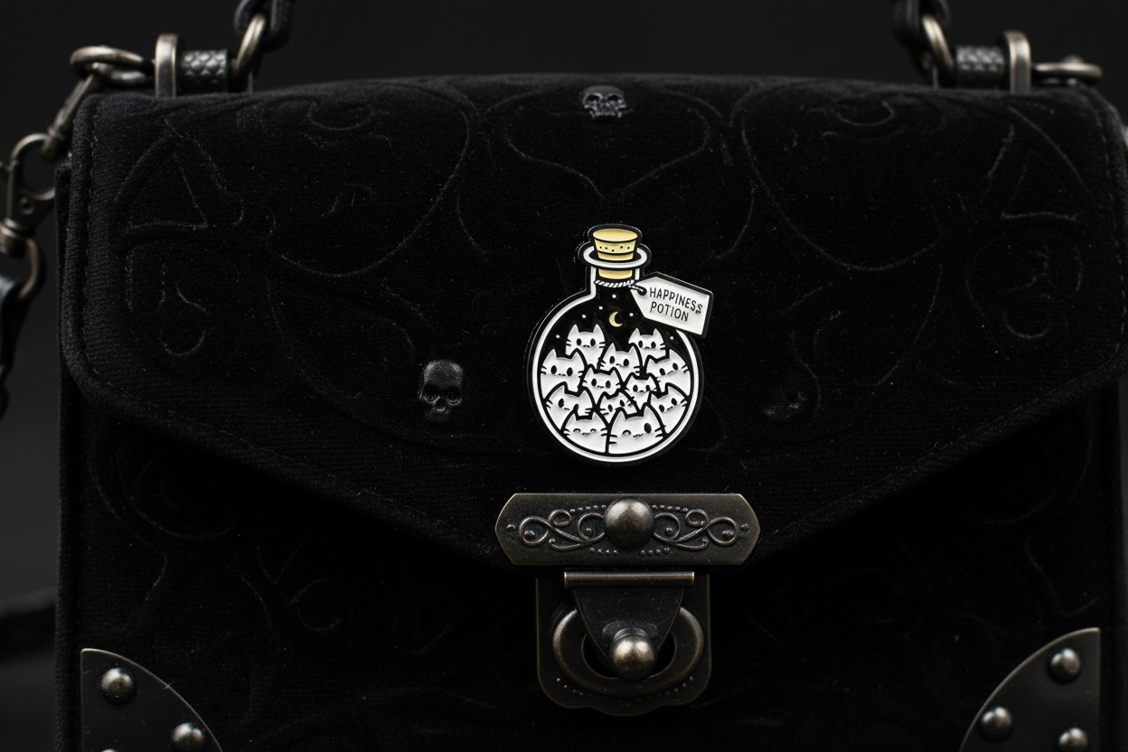Happiness Potion Enamel Pin attached to purse gothic brooch accessory for bags and personal style