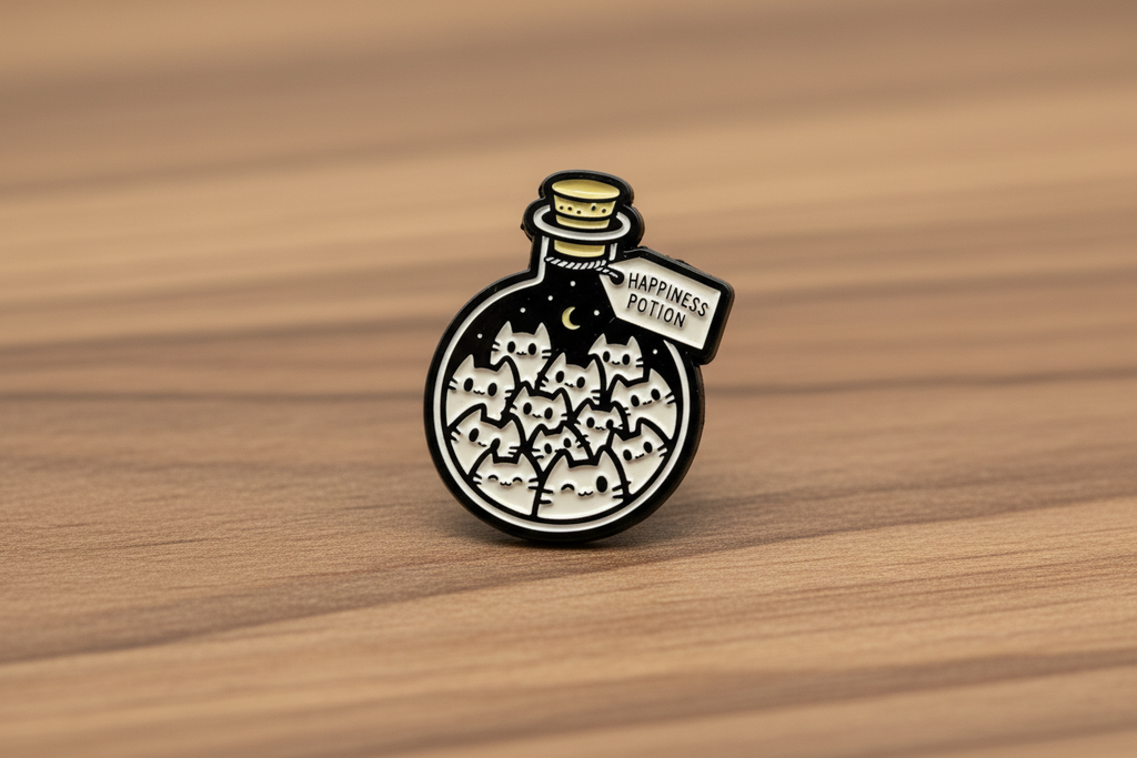 Happiness Potion Enamel Pin on wood background witchy enamel pin with white cats and crescent moon detail