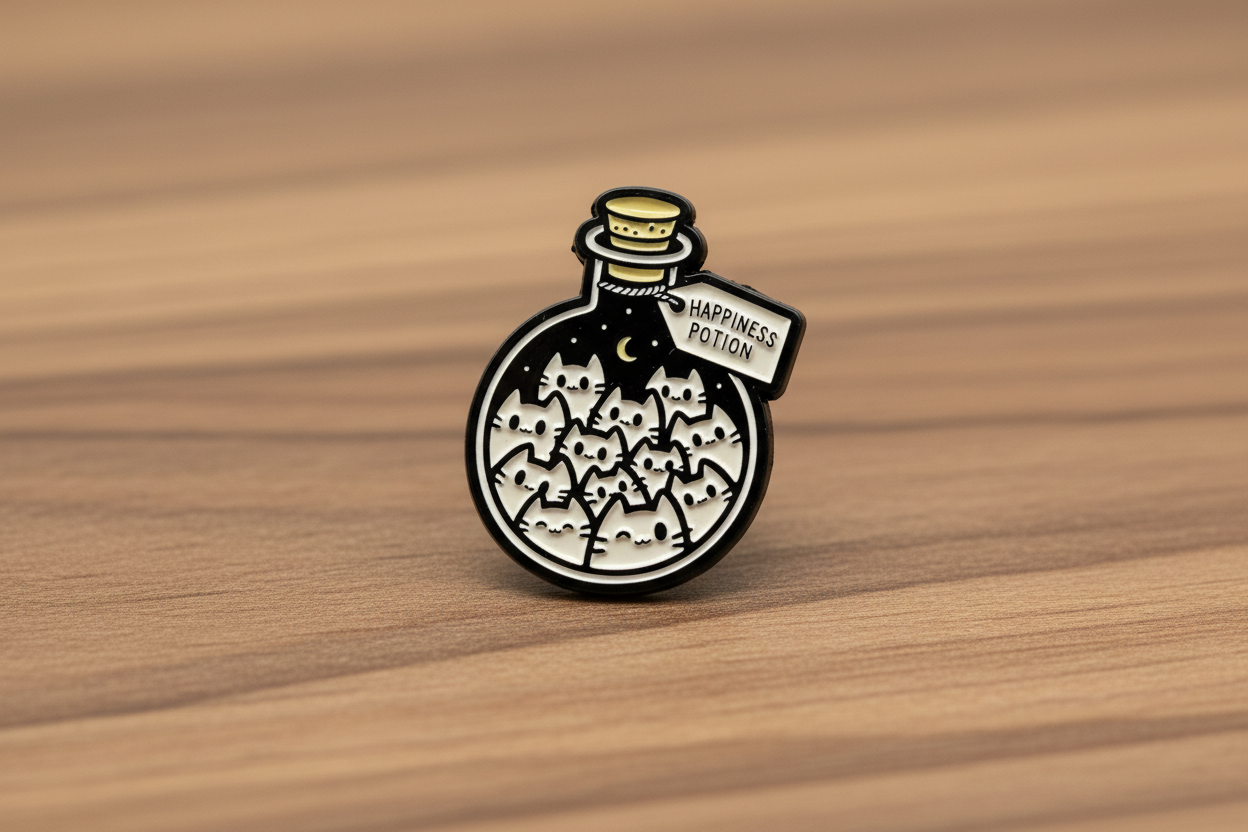 Happiness Potion Enamel Pin on wood background witchy enamel pin with white cats and crescent moon detail