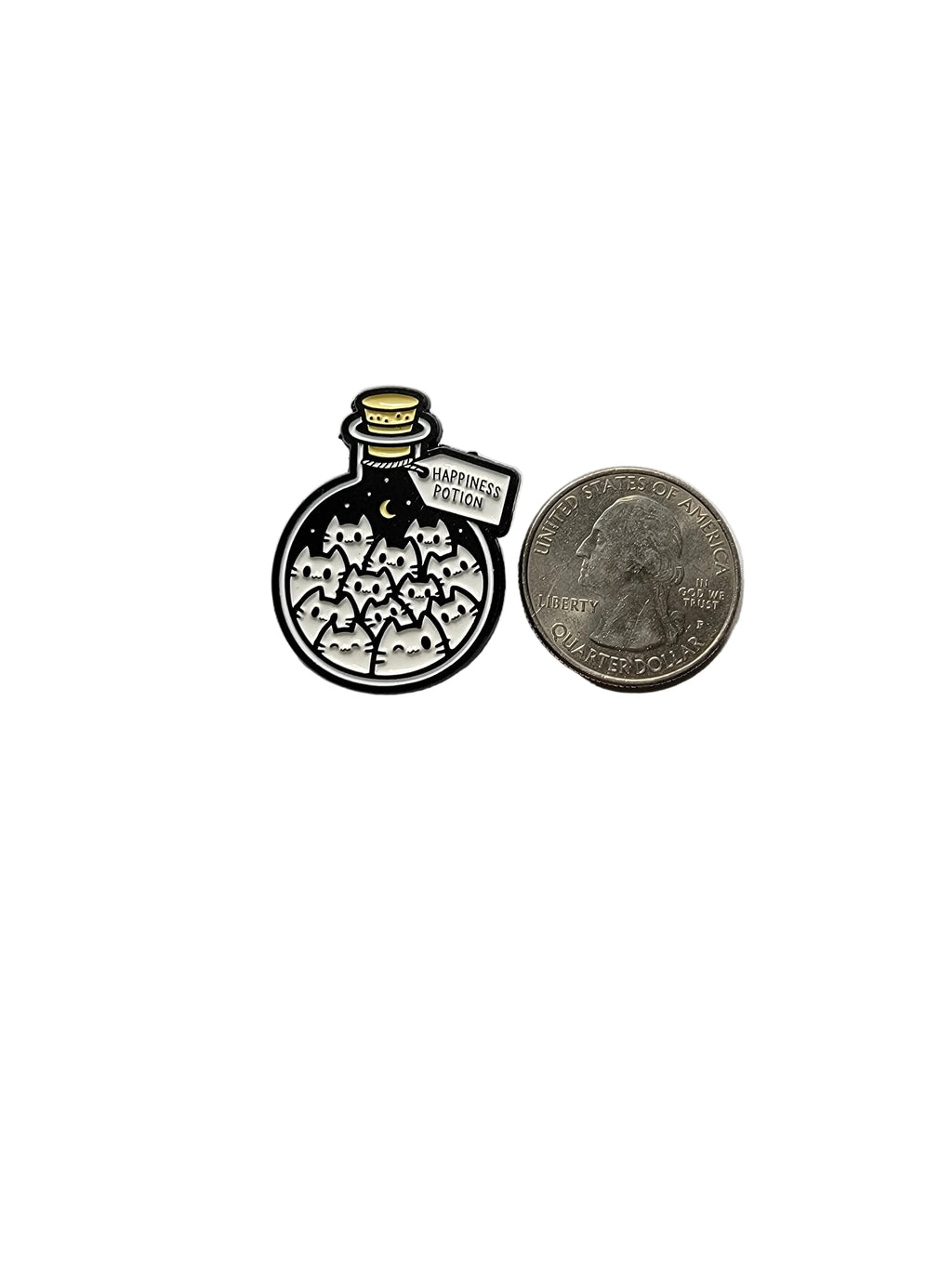 Happiness Potion Enamel Pin shown next to quarter for size reference gothic enamel pin dims  7/8 in W x 1 1/8 in H