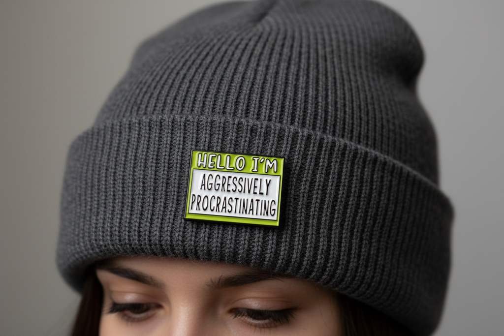 Hello I'm Aggressively Procrastinating Enamel Pin – Funny Name Badge Pin Coworker Gift, Lapel Backpack Pin