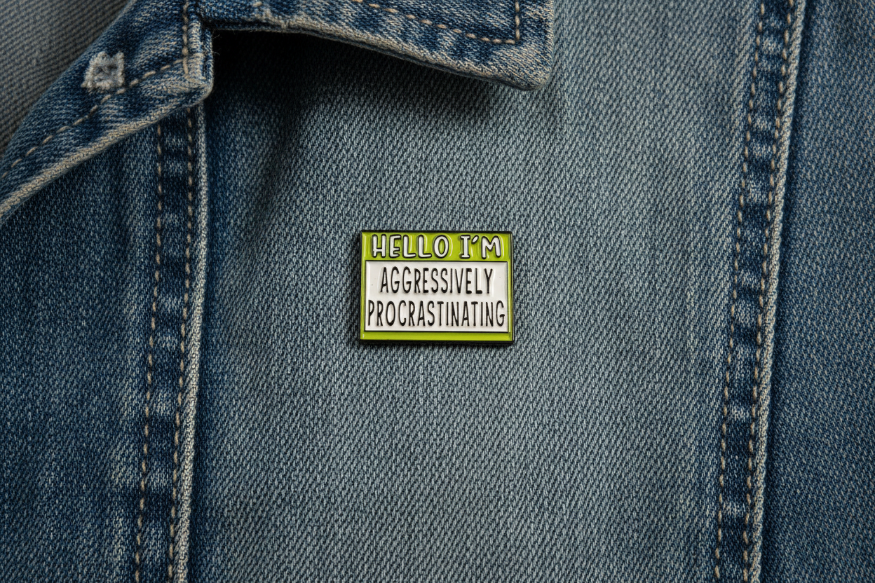 Hello I'm Aggressively Procrastinating Enamel Pin – Funny Name Badge Pin Coworker Gift, Lapel Backpack Pin