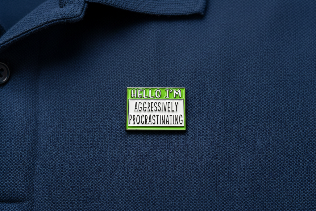 Pin with text 'Hello I'm aggressively procrastinating' on a blur fabric background 