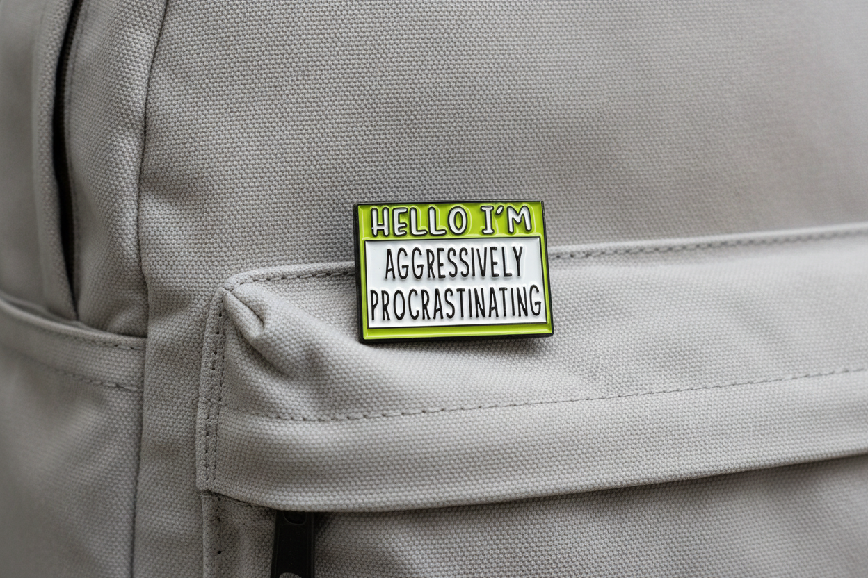 Hello I'm Aggressively Procrastinating Enamel Pin – Funny Name Badge Pin Coworker Gift, Lapel Backpack Pin