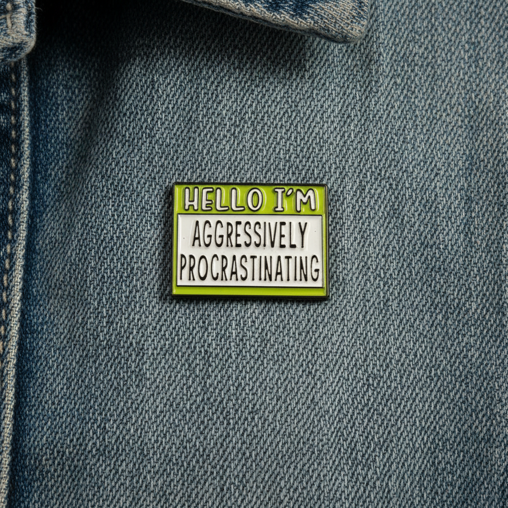 Hello I'm aggressively procrastinating enamel pin worn on denim  jacket lapel, funny pin style for everyday wear