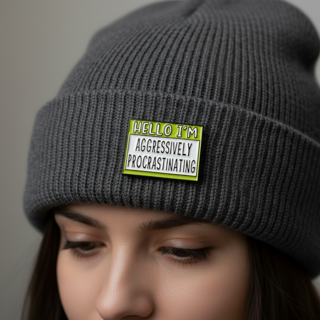 Hello I'm aggressively procrastinating enamel pin worn on beanie hat alternative enamel pin for casual outfits and street wear