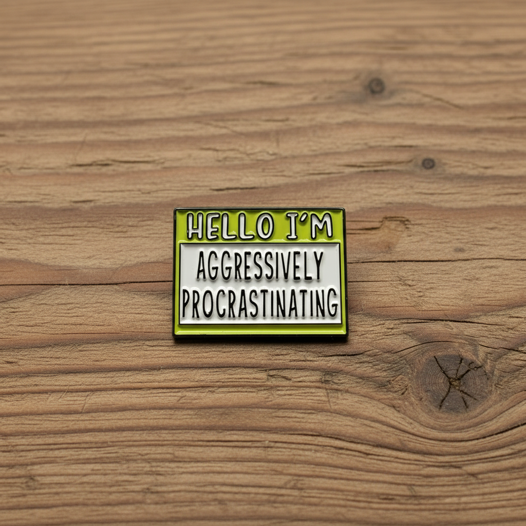Hello I'm aggressively procrastinating enamel pin on wood background sarcastic enamel pin with badge detail