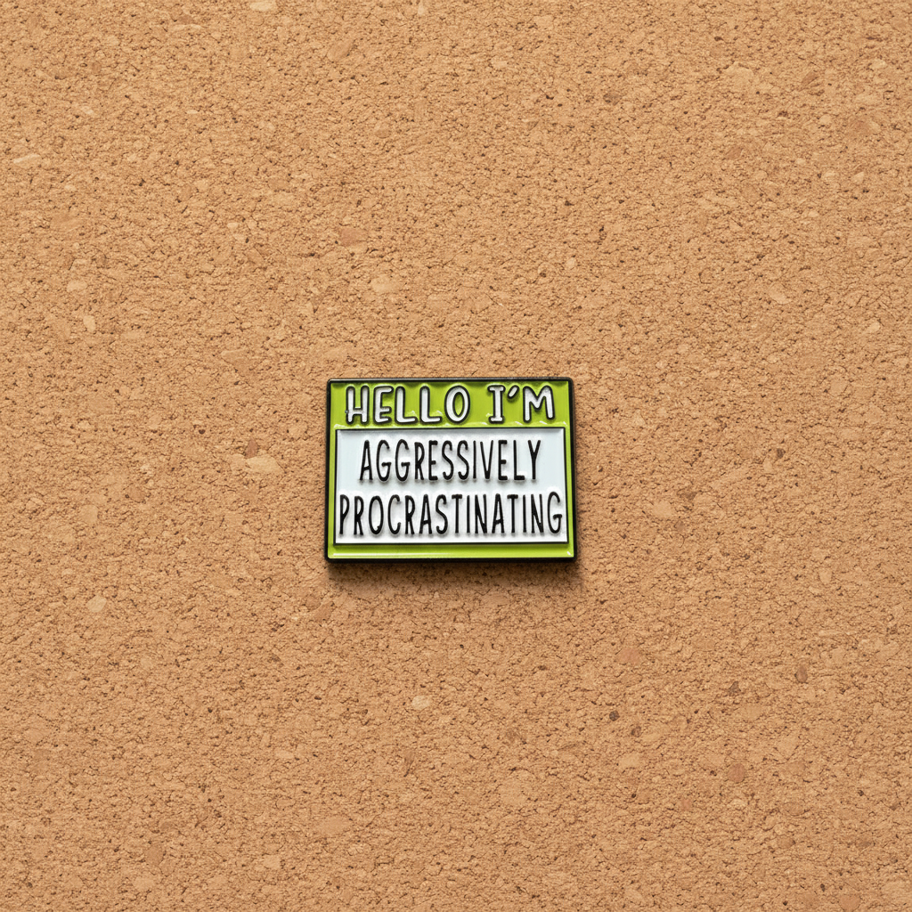 Hello I'm aggressively prograstinating enamel pin displayed on cork board funny enamel pin for collectors and display