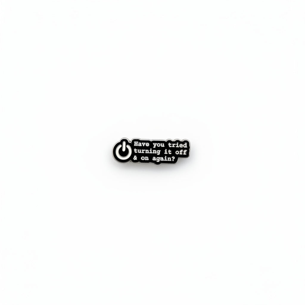 Small black and white tag with text on a gray background
