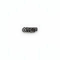 Small black and white tag with text on a gray background