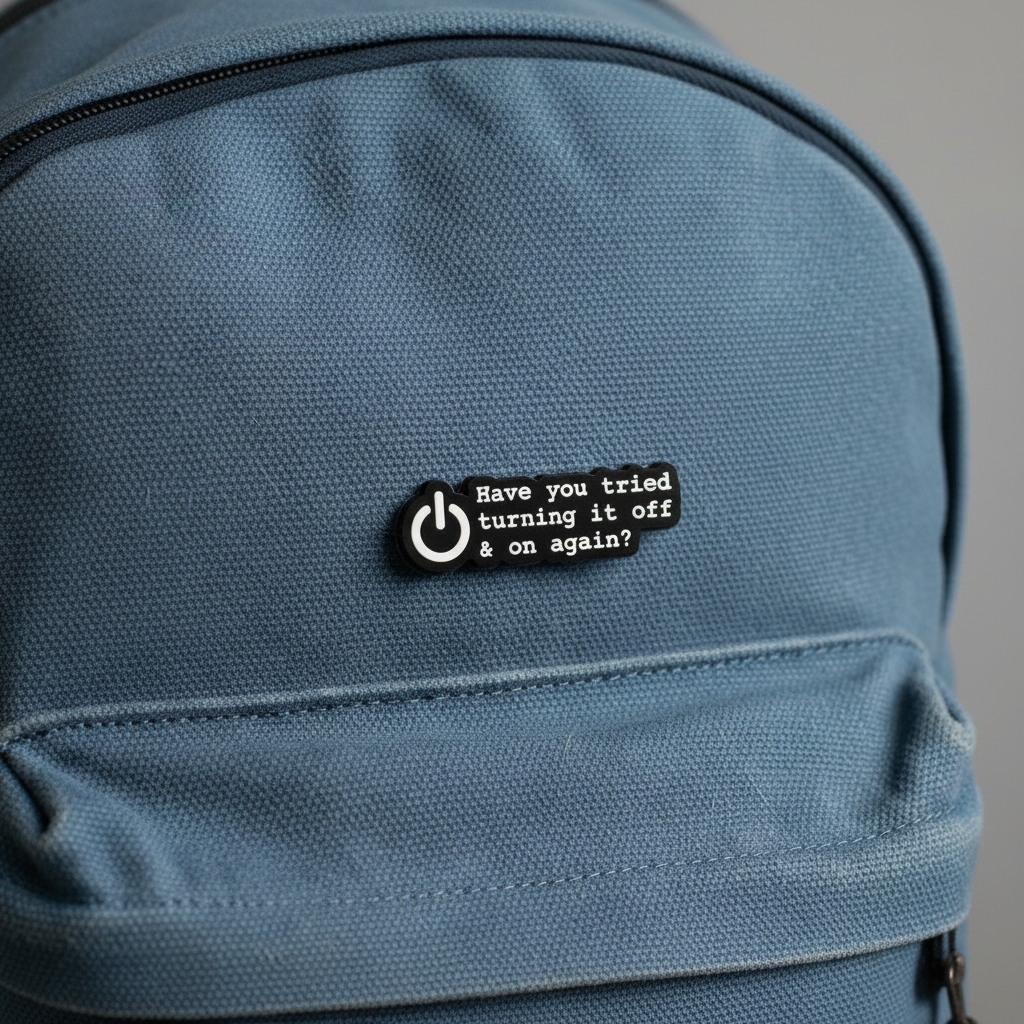 Small black and white tag with text on a blue fabric background