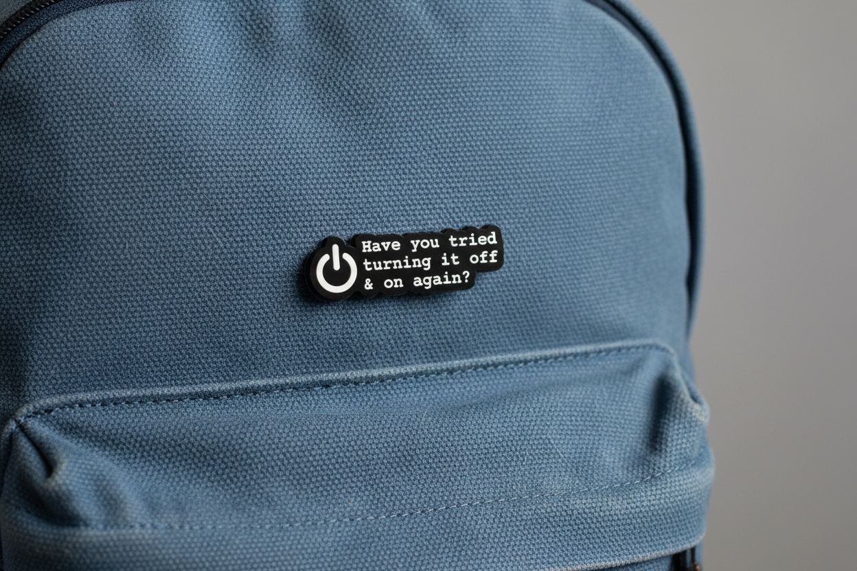 Small black and white tag with text on a blue fabric background