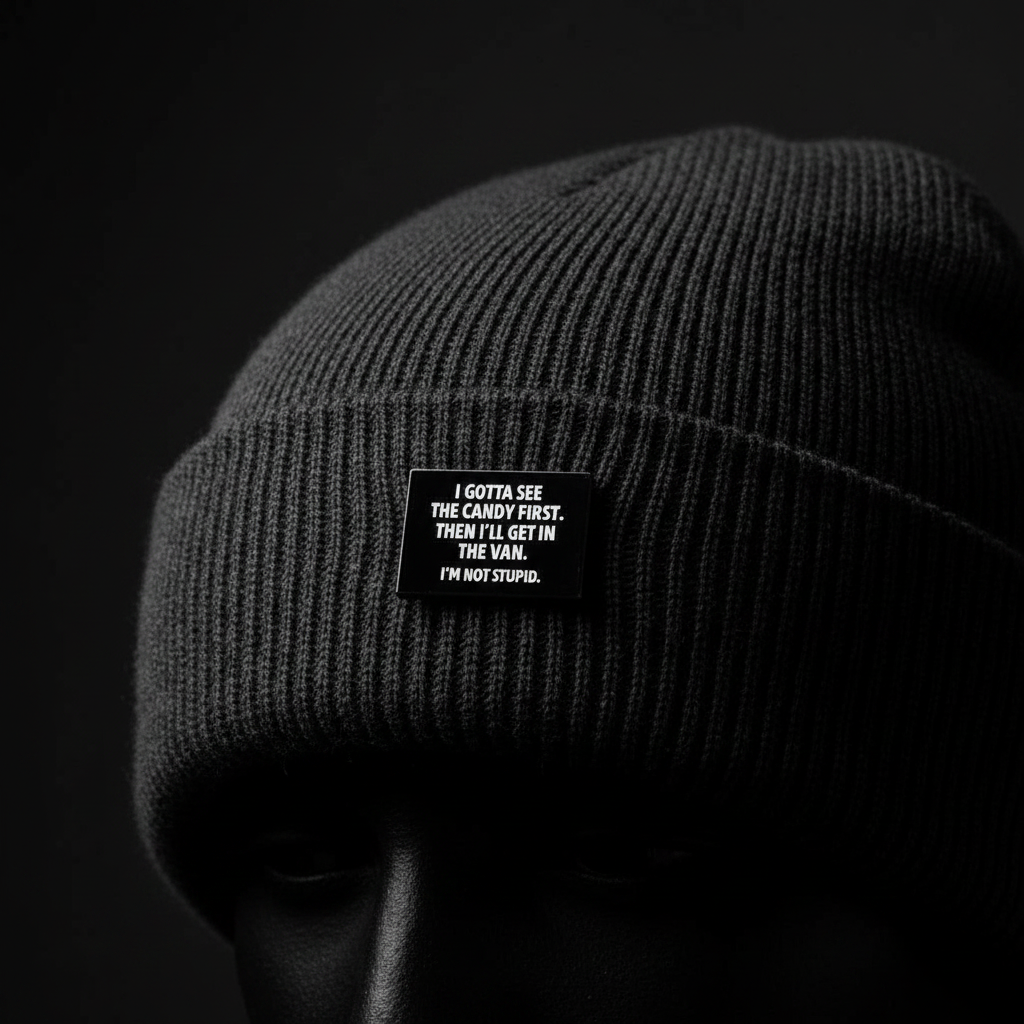 I gotta see the candy first enamel pin worn on beanie hat alternative enamel pin for casual outfits and street wear