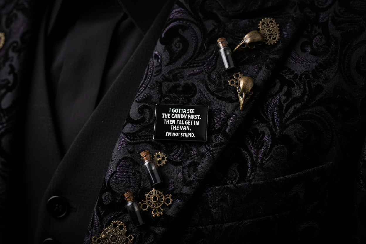 I Gotta See The Candy First Enamel Pin worn on jacket lapel, gothic pin style for everyday wear