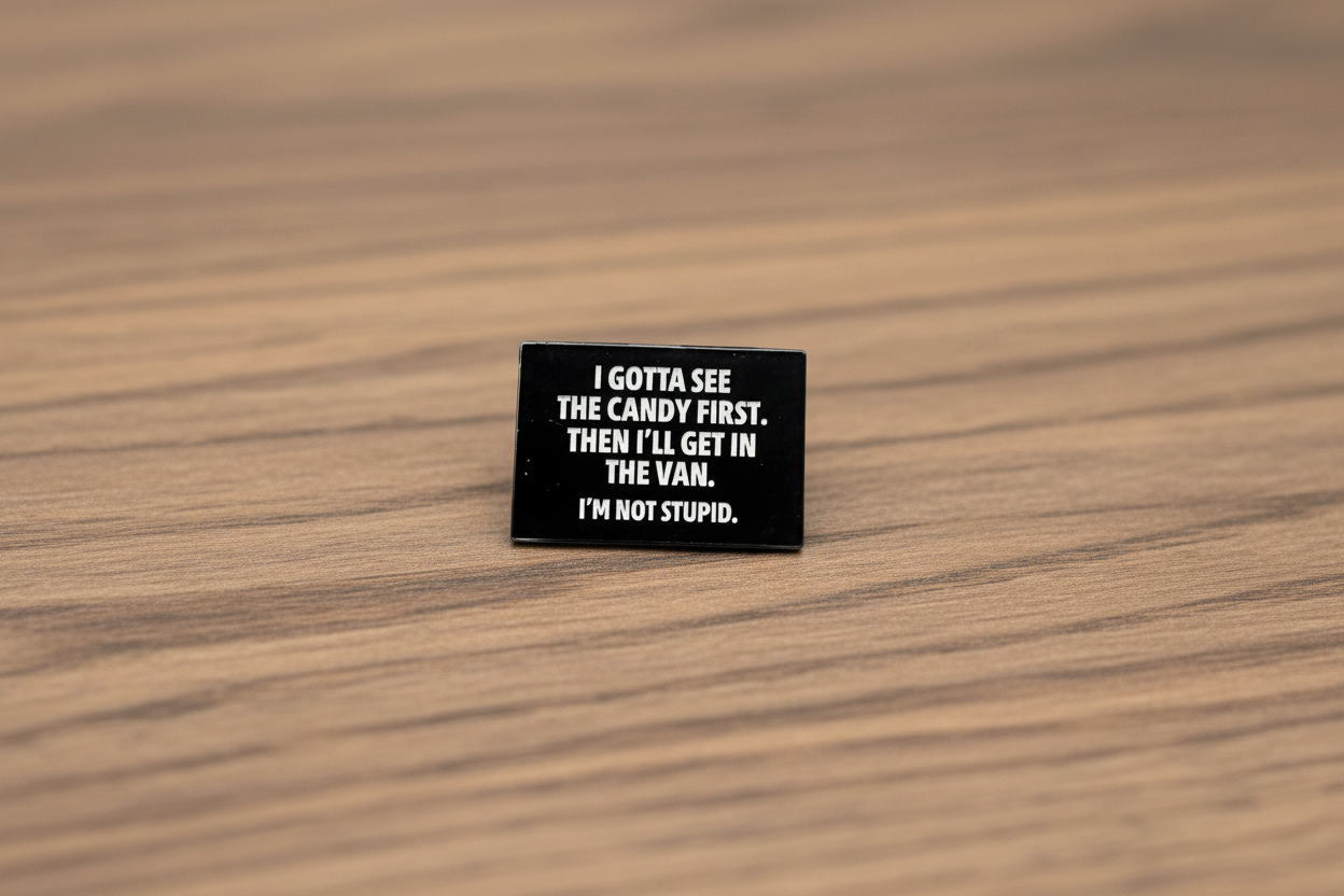 I Gotta See The Candy First Enamel Pin on wood background funny enamel pin with white text detail