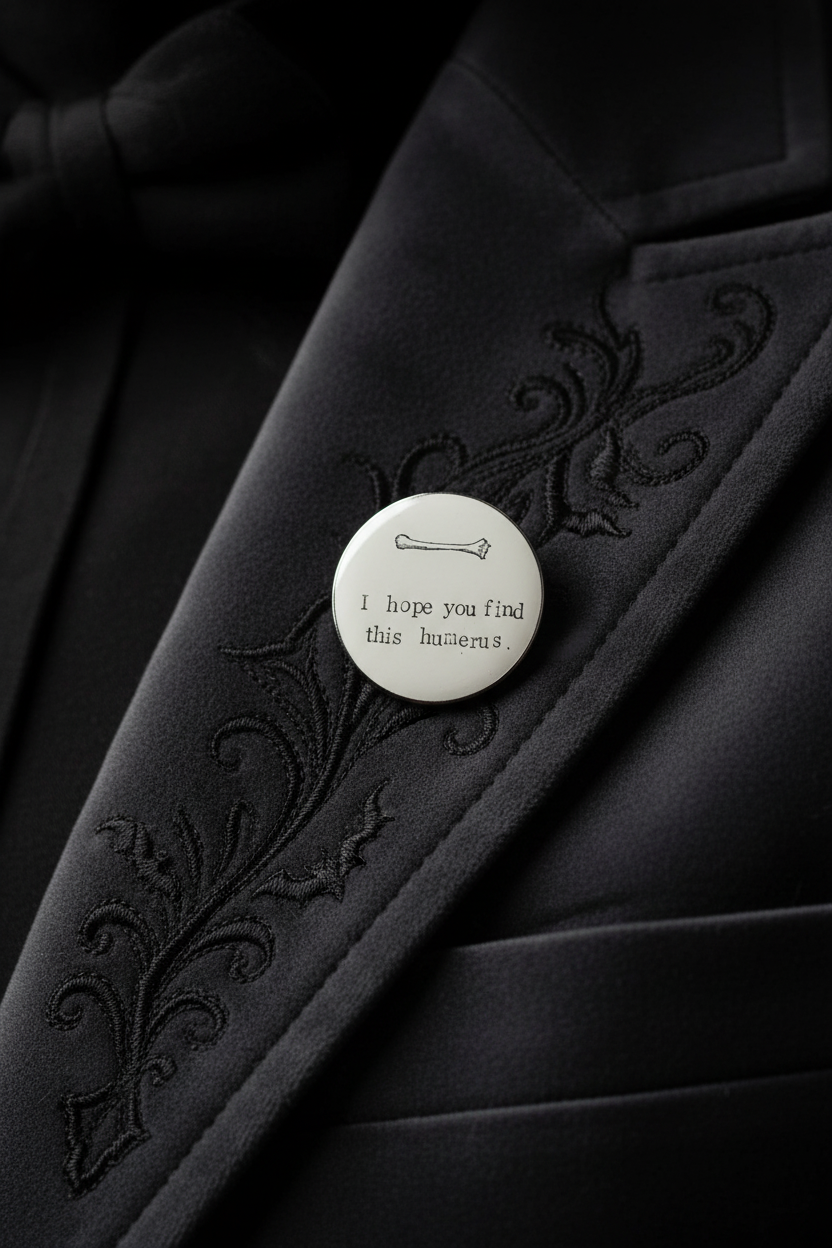 I Hope You Find This Humerus  Enamel Pin worn on jacket lapel, Goth pin style for everyday wear
