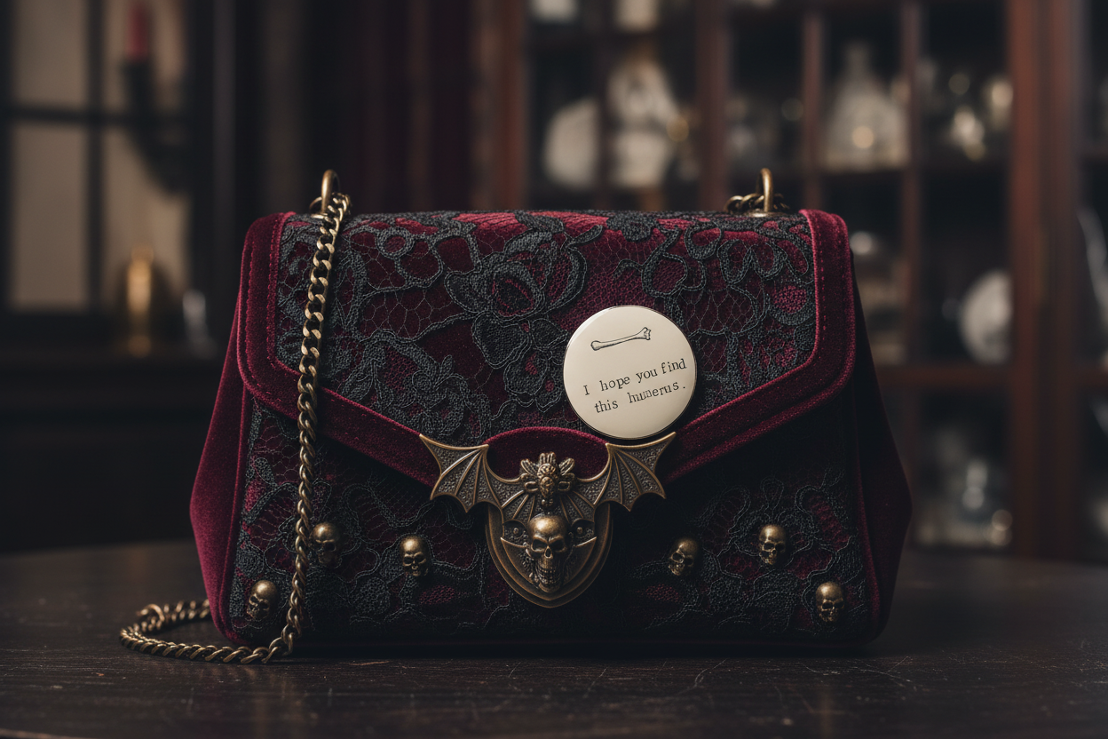 I Hope You Find This Humerus  Enamel Pin attached to purse witchy brooch accessory for bags and personal style