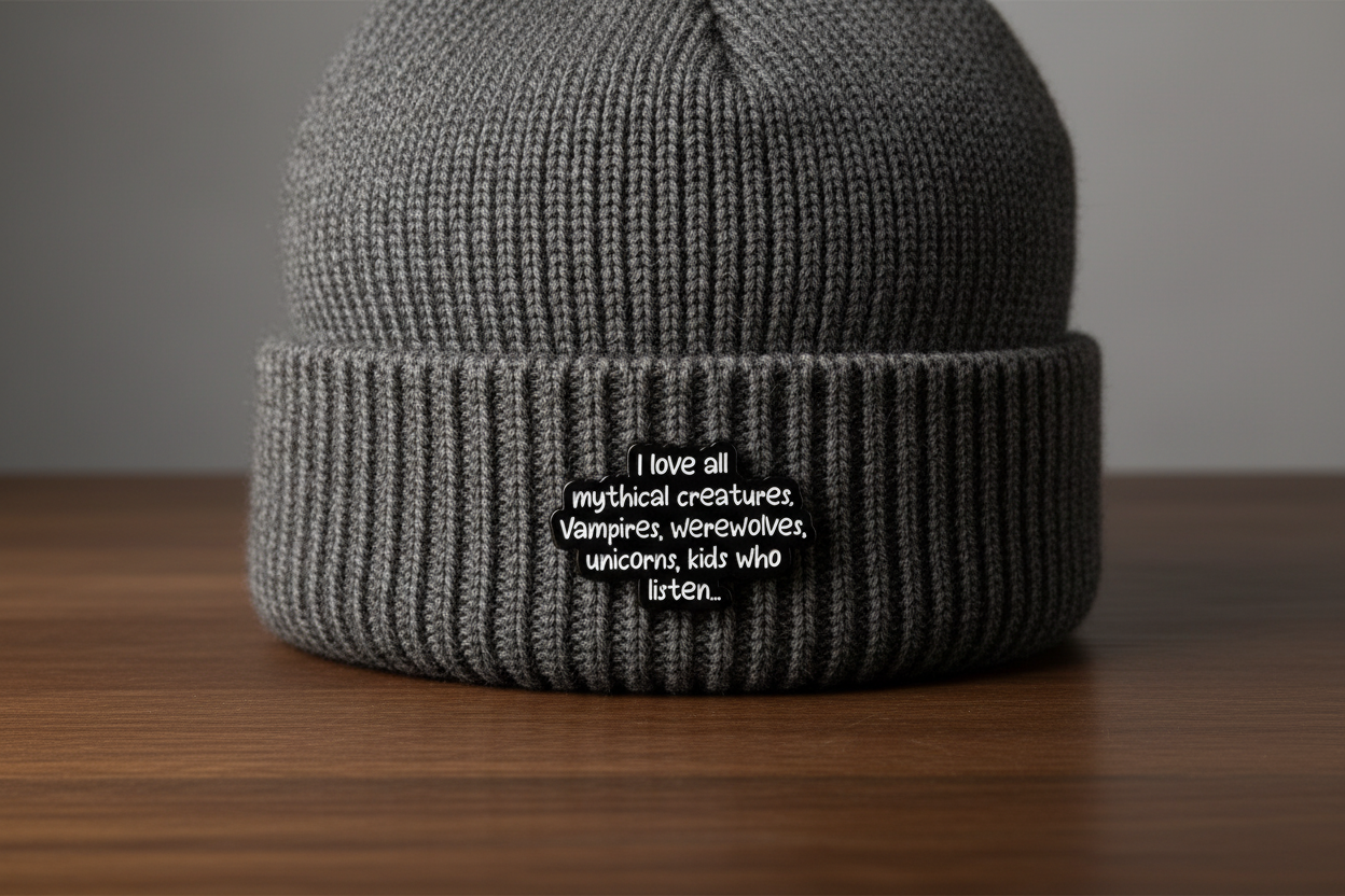 I Love all Mythical Creatures Enamel Pin worn on beanie hat alternative enamel pin for casual outfits and street wear