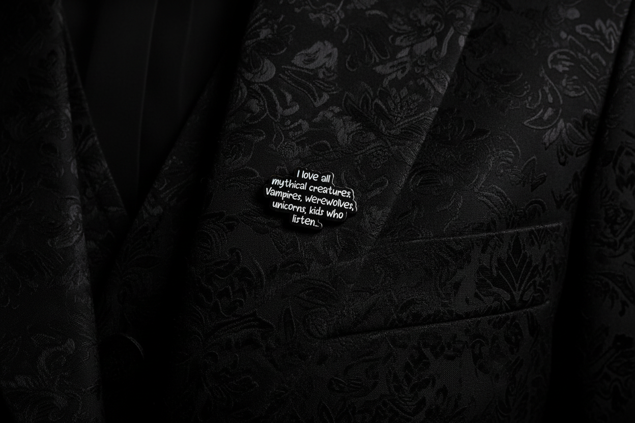 I Love all Mythical Creatures Enamel Pin worn on jacket lapel, goth pin style for everyday wear 