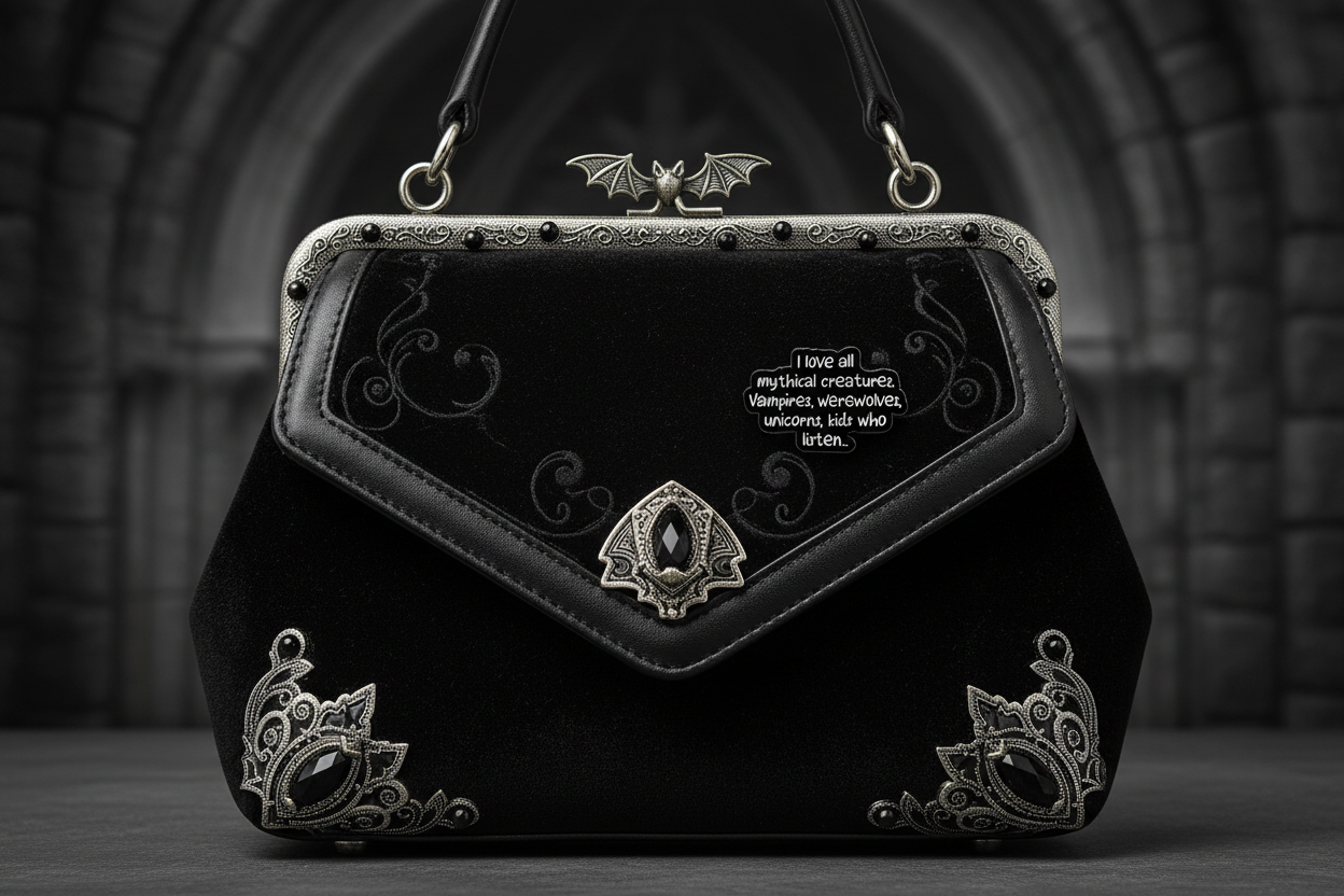 I Love all Mythical Creatures Enamel Pin  attached to purse gothic brooch accessory for bags and personal style